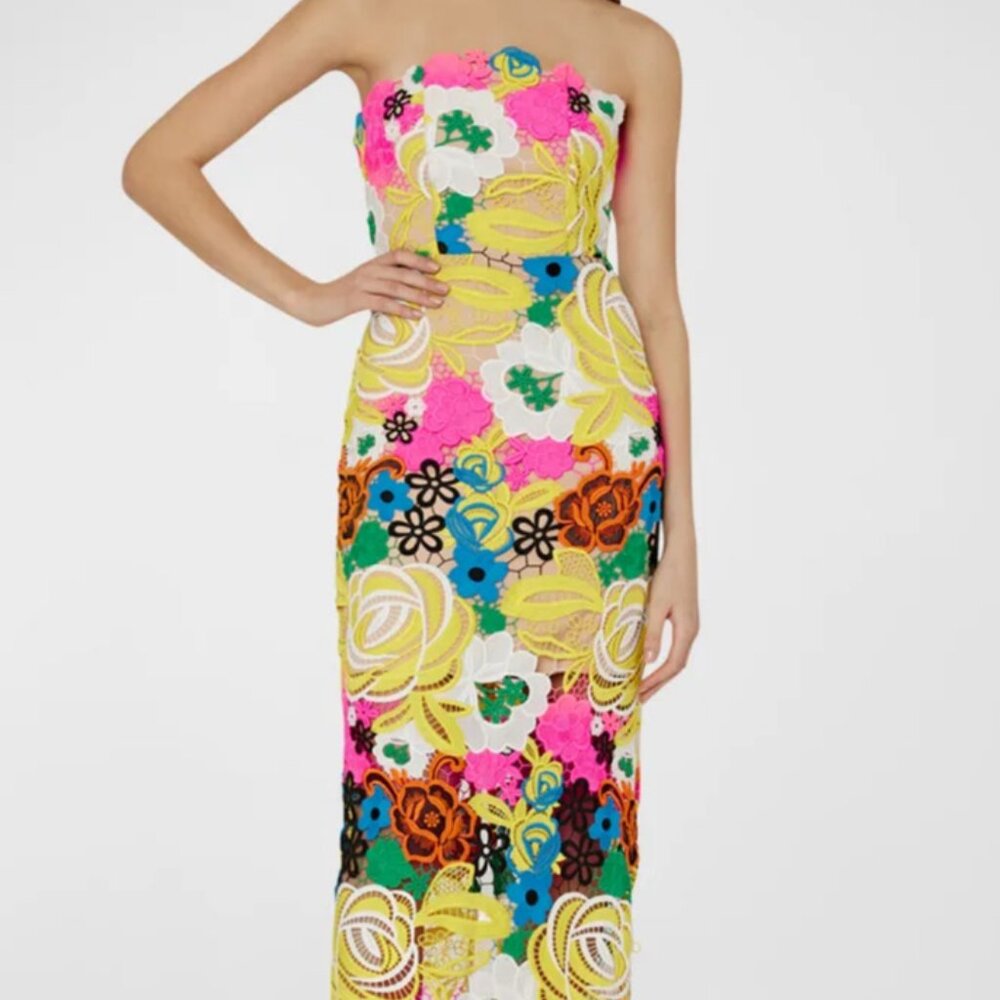 Milly Strapless Floral Midi Dress in Yellow, Pink, Green, Blue